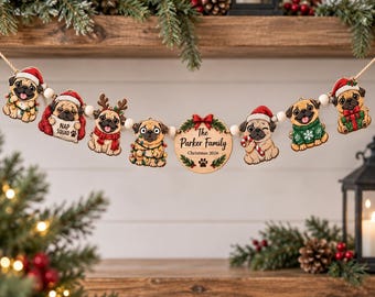 Guirnalda navideña personalizada con diseño de familia de carlinos, adorno de madera con nombre de perro personalizado, decoración navideña para mascotas de doble cara y 2 capas (2026).