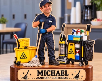 Personalized Janitor Wooden Block, Custom Custodian Portrait Keepsake, Cleaning Crew Decor, Maintenance Worker Gift, Name Plaque
