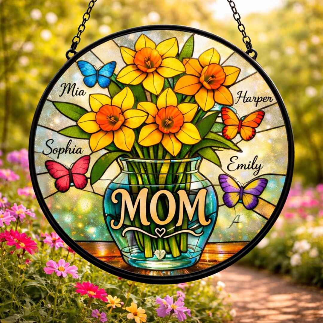 Custom Mom Stained Glass Suncatcher With Names, Daffodil Flowers ...