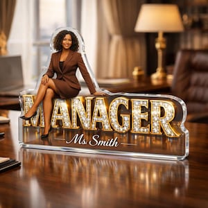 Custom Acrylic Block Plaque for Manager – Personalized Desk Name Sign with Photo, Clear Acrylic Office Gift Decoration