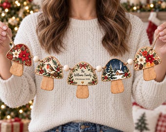 Personalized Christmas Ornament Garland, Custom Family Name Mushroom Garland, Wooden Holiday Mantel Decor, Rustic Christmas Banner 2026