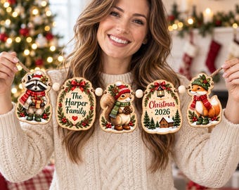 Personalized Christmas Ornament Garland, Custom Family Name Wooden Garland, Woodland Animal Holiday Decor, Rustic Christmas Banner 2026
