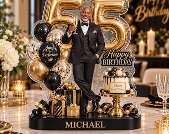 Bloque acrílico personalizado para el 55 cumpleaños, recuerdo conmemorativo con nombre personalizado, decoración para fiestas en negro y dorado, regalo elegante para hombres, ¡Brindemos por los 55 años!