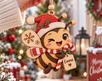Personalized Bee Christmas Wooden Ornament, Custom Name Holiday Keepsake, Cute Bumble Bee Xmas Tree Decor, Kids Christmas Gift
