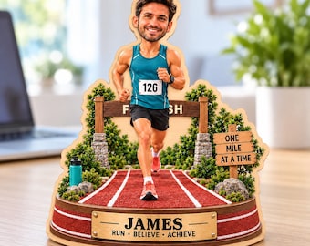 Personalized Runner Wooden Block, Custom Marathon Portrait Keepsake, Running Coach Decor, Track Athlete Gift, Race Finisher Name Plaque