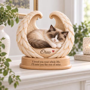 Personalized Sleeping Cat Angel Wings 2D Flat Wooden Block, Custom Pet Memorial Name Keepsake Table Sign, Cat Loss Sympathy Gift