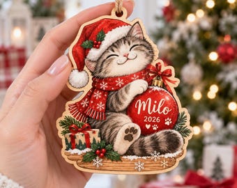 Adorno navideño personalizado para gatos, recuerdo navideño de madera de doble cara, adorno personalizado con el nombre de tu mascota, lindo regalo para decorar el árbol de Navidad con forma de gatito.