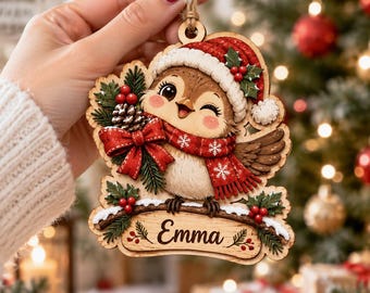Adorno navideño personalizado de búho, adorno de madera personalizado de doble cara, bonito recuerdo navideño de pájaro, adorno con nombre, regalo de Navidad para ella.