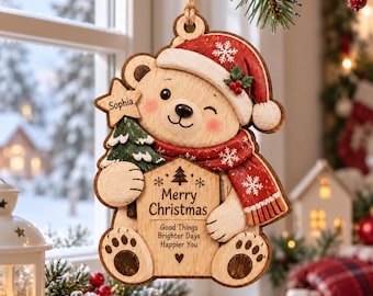 Personalized Bear Wooden Christmas Ornament, Custom Name Holiday Keepsake, Cute Polar Bear Xmas Tree Decor, Family Christmas Gift