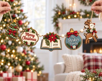Personalized Wooden Christmas Ornament Garland, Custom Family Name Holiday Decor, Reindeer Tree Xmas Keepsake, Christmas Gift 2026