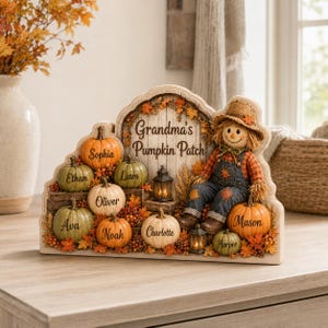 Personalized Grandma Pumpkin Patch Wooden Block, Custom Grandkids Name Fall Sign, Scarecrow Autumn Shelf Sitter Gift