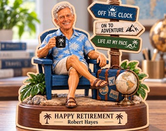 Personalized Retirement Wooden Block, Custom Retiree Portrait Keepsake, Happy Retirement Gift, Travel Adventure Decor, Name Plaque