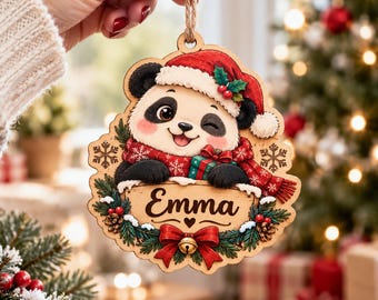 Adorno navideño de panda personalizado, adorno de madera personalizado de doble cara, lindo recuerdo con el nombre del panda, regalo navideño para niños, regalo para amantes de los pandas