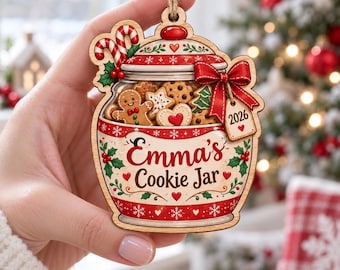 Adorno navideño personalizado con forma de tarro de galletas, recuerdo navideño de madera de doble cara, adorno con nombre personalizado, regalo de decoración para el árbol de Navidad con forma de galleta de jengibre.