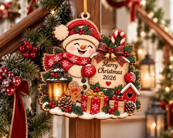 Adorno navideño personalizado de muñeco de nieve, adorno navideño de madera personalizado 2026, recuerdo familiar de invierno, regalo para decorar el árbol de Navidad