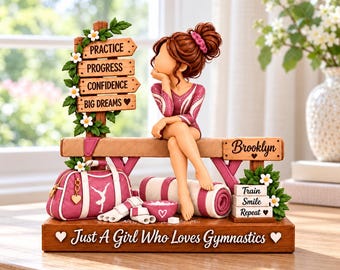 Personalized Gymnastics Girl Wooden Block, Custom Name Plaque, Gymnast Gift, Pink Sports Keepsake, Athlete Desk Decor, Balance Beam Display