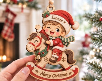 Personalized Rocking Horse Christmas Wooden Ornament, Custom Name Kids Holiday Keepsake, Boy Xmas Tree Decor, Baby Christmas Gift