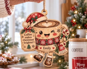 Adorno navideño personalizado de café, adorno de taza de café de madera personalizado 2026, recuerdo navideño para amantes del café, regalo acogedor para decorar el árbol.