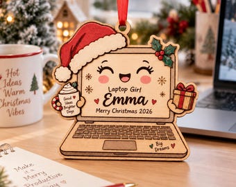 Adorno navideño personalizado para chica con portátil, adorno de madera personalizado de doble cara, regalo para trabajar desde casa, recuerdo navideño para ella.