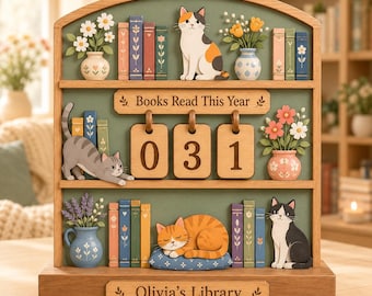 Contador de libros personalizado, contador de libros leídos este año, contador de lectura para gatos, decoración de estantería de madera