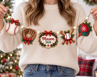 Personalized Baseball Christmas Wooden Garland, Custom Name Sports Holiday Decor, Baseball Player Gift, Kids Mantel Ornament Banner