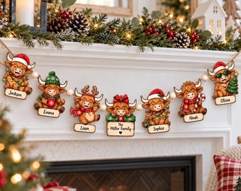 Personalized Highland Cow Christmas Wooden Garland, Custom Family Name Ornament Banner, Rustic Farmhouse Holiday Mantel Decor