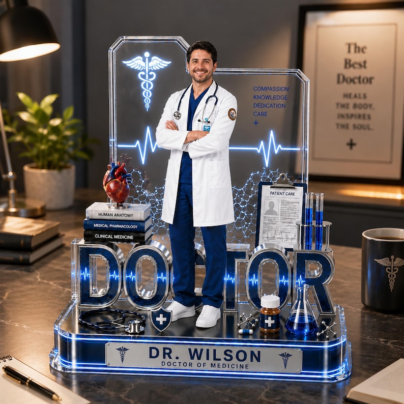 Puede incluir: Una figura decorativa con tem&aacute;tica m&eacute;dica que presenta a un m&eacute;dico con bata blanca y uniforme azul. La base tiene la palabra "DOCTOR" y el nombre y t&iacute;tulo del m&eacute;dico. El fondo incluye s&iacute;mbolos m&eacute;dicos y el texto: "Compassion, Knowledge, Dedication, Care".