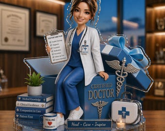 May include: A figurine of a female doctor in blue scrubs and a white coat, holding a doctor care plan. The figurine is on a blue box with a caduceus symbol and a medical bag. The base reads "Dr. Emily Davis" and "Heal • Care • Inspire."