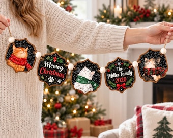 Personalized Cat Christmas Ornament Garland, Custom Family Name Wooden Garland, Pet Lover Holiday Decor, Christmas Mantel Banner 2026