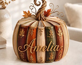 Bloque de madera personalizado con forma de calabaza y libro, decoración otoñal para estanterías de biblioteca, letrero de mesa otoñal con nombre personalizado, regalo literario de Acción de Gracias