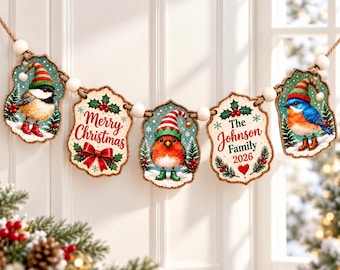 Personalized Wooden Christmas Ornament Garland, Custom Family Name Holiday Decor, Bird Christmas Keepsake, Rustic Wood Xmas Gift 2026