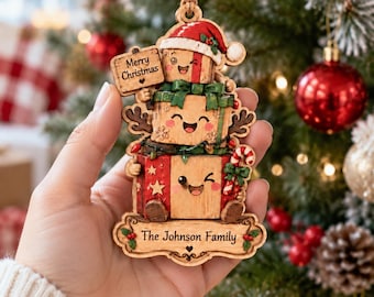 Personalized Family Wooden Christmas Ornament, Custom Family Name Gift Box Decor, Cute Holiday Keepsake, Rustic Xmas Tree Ornament