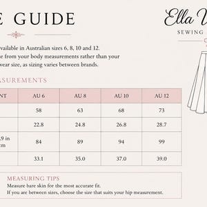 May include: A size guide for Ella Victoria sewing patterns featuring a table with Australian sizes 6, 8, 10, and 12. It lists waist and hip measurements in both centimetres and inches, includes a line drawing of a skirt, and provides measuring tips.