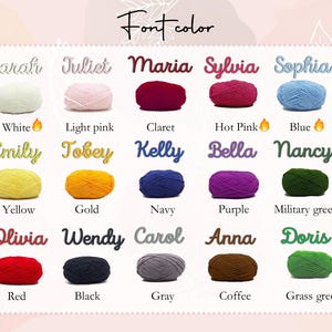 May include: A color chart displaying various yarn colors with corresponding names. Colors include white, light pink, claret, hot pink, blue, yellow, gold, navy, purple, military green, red, black, gray, coffee, and grass green.