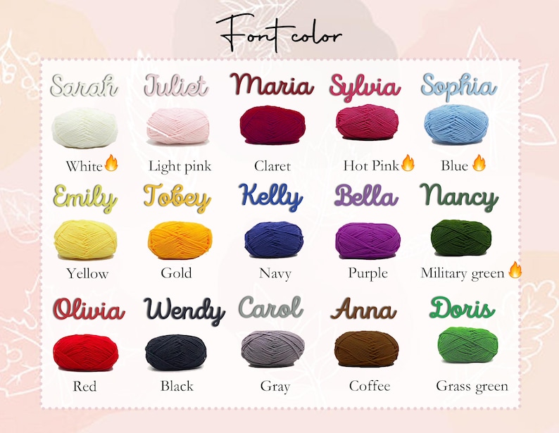 May include: A color chart displaying various yarn colors with corresponding names. Colors include white, light pink, claret, hot pink, blue, yellow, gold, navy, purple, military green, red, black, gray, coffee, and grass green.