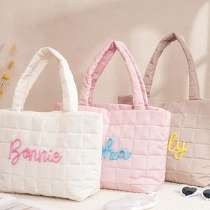 Embroidered Quilted Nylon Tote Bag, Custom Bridesmaid Gift, Monogrammed Shoulder Bag for Women's, Gift for Her, Beach Bag, Bachelorette Gift