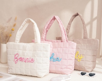 Embroidered Quilted Nylon Tote Bag, Custom Bridesmaid Gift, Monogrammed Shoulder Bag for Women's, Gift for Her, Beach Bag, Bachelorette Gift