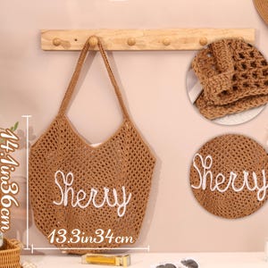 May include: A brown woven tote bag with the name "Sherry" embroidered in white. The bag is 14.1 inches (36 cm) high and 13.3 inches (34 cm) wide. A matching hat and a round coaster with the name "Sherry" are also visible.