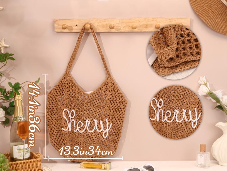 May include: A brown woven tote bag with the name "Sherry" embroidered in white. The bag is 14.1 inches (36 cm) high and 13.3 inches (34 cm) wide. A matching hat and a round coaster with the name "Sherry" are also visible.