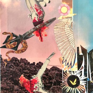 Może przedstawiać: Mieszany kolaż z surrealistycznym motywem. Grafika przedstawia wycięte figury, w tym nogi osoby, osobę w białej kurtce i parę nożyczek. Paleta kolorów obejmuje róż, czerwień, brąz i złoto.