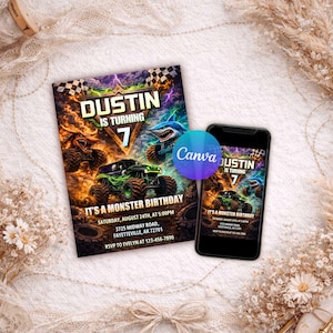 Puede incluir: Una invitación de cumpleaños con temática de monster truck. La invitación presenta el texto "Dustin cumple 7 años" y "Es un cumpleaños monstruoso". Un smartphone muestra la misma invitación. El logotipo de Canva es visible.