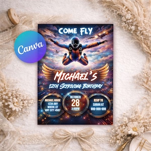 Puede incluir: Una vibrante invitación para el 12 cumpleaños de paracaidismo de Michael. El diseño presenta un paracaidista en el aire contra un cielo colorido, con el texto "COME FLY" en la parte superior. Detalles: fecha, hora, lugar e información RSVP.