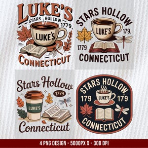 May include: Four designs featuring the text "Luke's Stars Hollow Connecticut 1779". Each design includes a coffee cup, open book, maple leaf, and dragonfly. The designs are in shades of brown, beige, and orange.