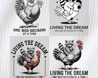 Living The Dream T-Shirt Design PNG, Funny Raccoon Rooster Quote Digital Animal Humor Sarcastic Aesthetic Cartoon Sublimation Graphic Png