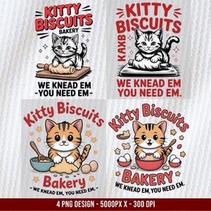Puede incluir: Cuatro diseños coloridos con gatos de dibujos animados y el texto "Kitty Biscuits Bakery". Los gatos se representan horneando, con rodillos, cuencos y huevos. También se incluye el texto "We Knead Em - You Need Em".