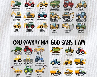 Dios dice que soy (Png), Construcción (Png), Niño de la construcción (Png), Camión con versículo bíblico (Png), Granja de construcción (Png), Excavadora (Png), Niño (Png)