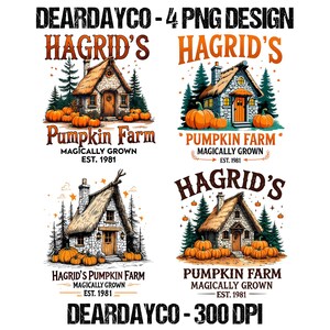 Peut inclure: Quatre modèles présentant des illustrations de la ferme aux citrouilles d'Hagrid. Chaque modèle comprend un chalet, des citrouilles et le texte « Hagrid's Pumpkin Farm, Magically Grown, Est. 1981 ». Les modèles sont orange, marron et vert.