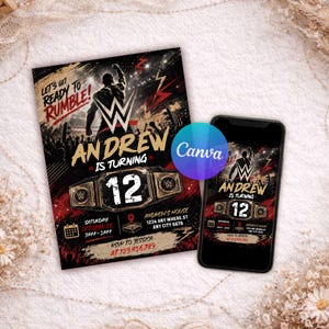 May include: A rectangular birthday invitation card and a smartphone displaying the same design. The graphic features a wrestling theme with the text "LET'S GET READY TO RUMBLE!", "ANDREW IS TURNING 12", and event details in black, gold, and red.