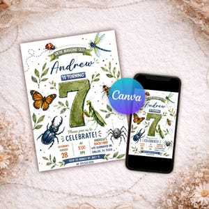 Op de afbeelding: Een verjaardagsuitnodigingskaart met een groot groen cijfer zeven, illustraties van insecten waaronder een lieveheersbeestje, libel, vlinder, kever, bidsprinkhaan, bij en spin, met de tekst Andrew is turning 7, please join us to celebrate.