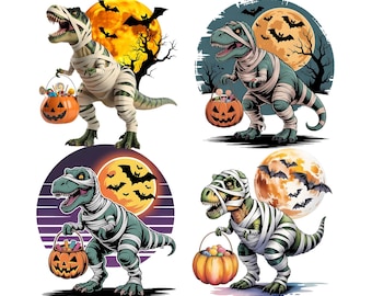 May include: Four Halloween-themed digital designs featuring cartoon dinosaurs in mummy costumes. Each dinosaur holds a jack-o'-lantern bucket. The designs include bats, full moons, and the text "DEARDAYCO - 4 PNG DESIGN" and "DEARDAYCO - 300 DPI".